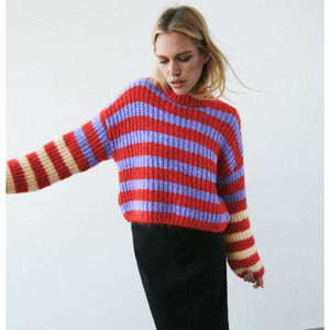 ZARA Striped Chunky Knit Sweater Crew Neck Balloon Sleeve Color Block